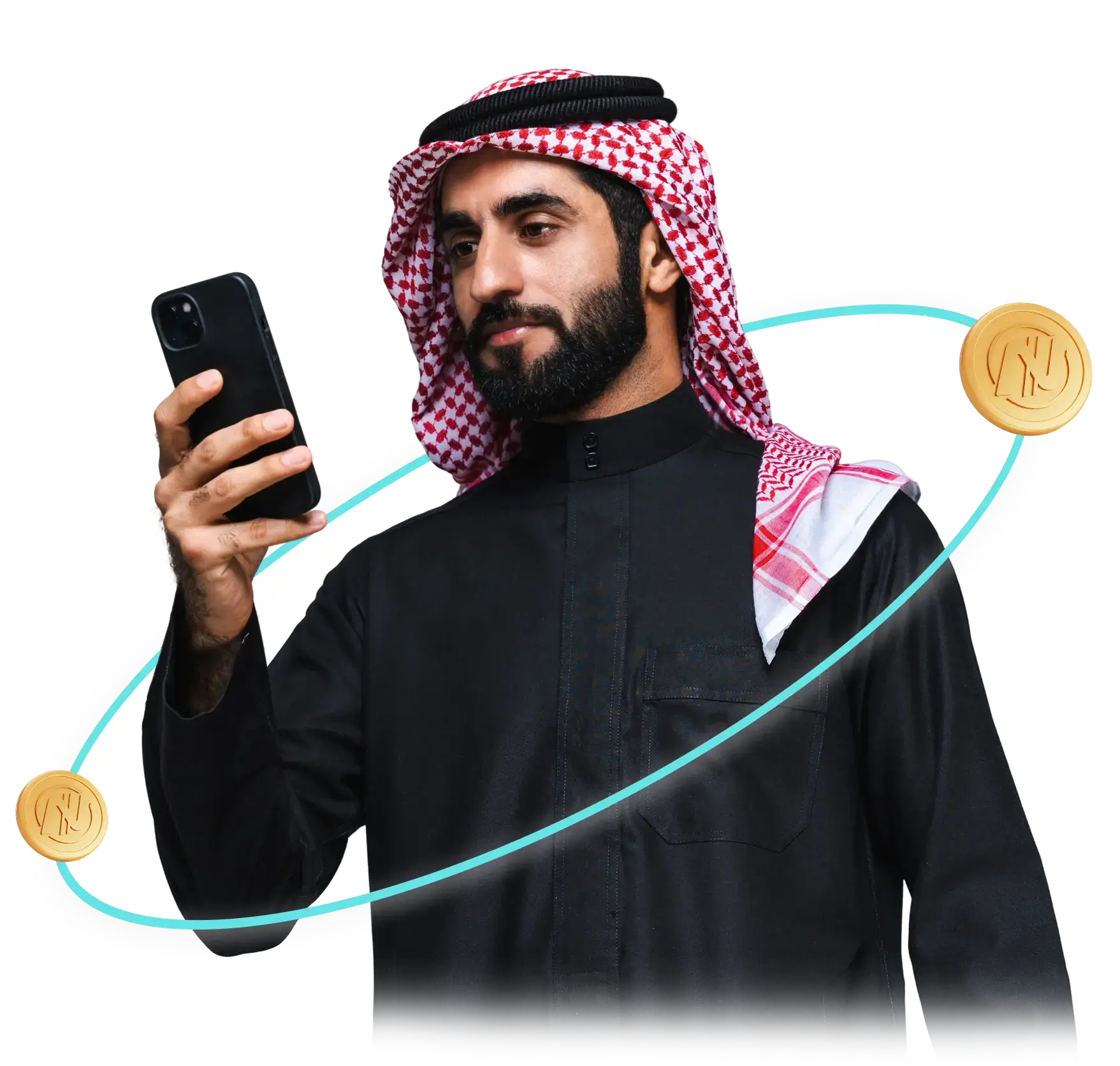 Man holding phone with coins orbiting